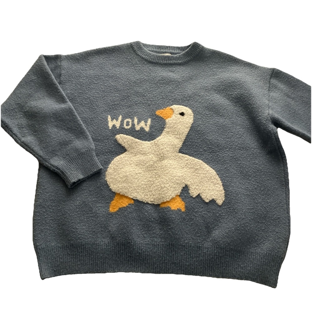 Aelfric Eden Sweater Adult Oversized Large Blue Duck WOW Crewneck Knit Pullover‎